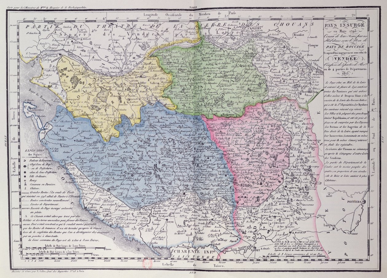 मार्च 1793 में वेंडी विद्रोह (1793-96) के क्षेत्र को दर्शाने वाले वेंडी का मानचित्र, c.1815 (रंग उत्कीर्णन) द्वारा एफ। कोलिउ