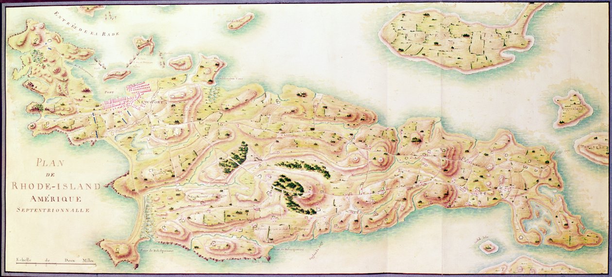 रोड आइलैंड का मानचित्र, &39;द अमेरिकन वार&39; से, c.1780-81 (रंग उत्कीर्णन) द्वारा ड। डबबर्ग