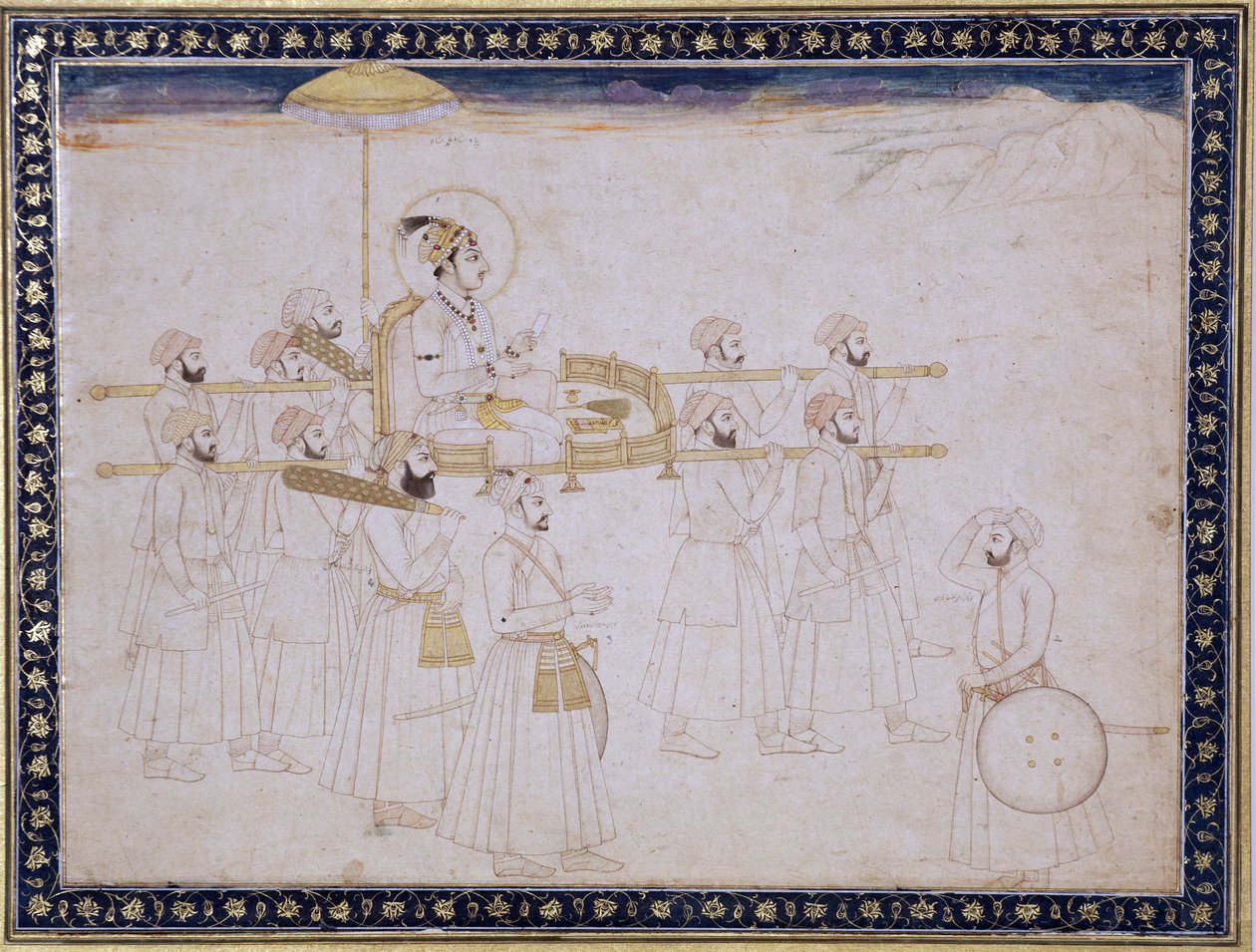 मुहम्मद शाह एक पालकी में ले गए, c.1735 (कागज पर अपारदर्शी wc und सोना) द्वारा फ़कीर उलाह