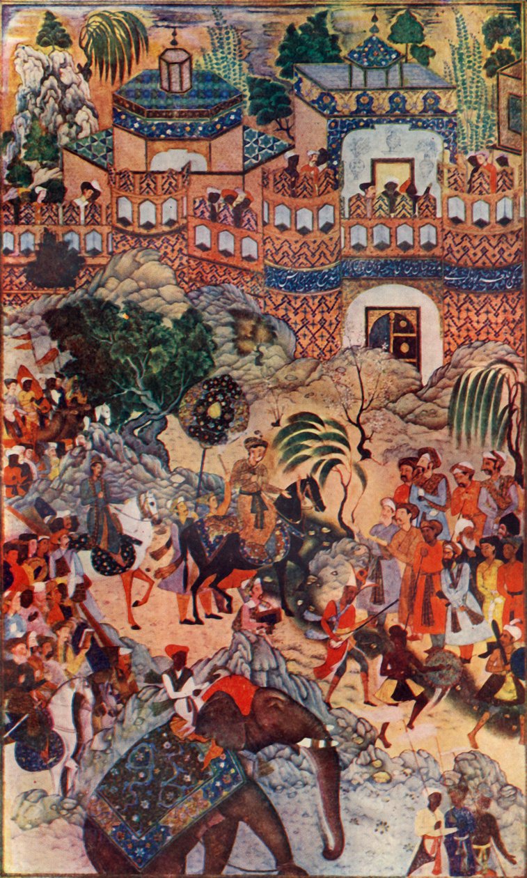 महान सम्राट अकबर राज्य में अपना शहर, 1572, 1590-1595, c1930 में प्रवेश करता है। द्वारा फारुख बेग