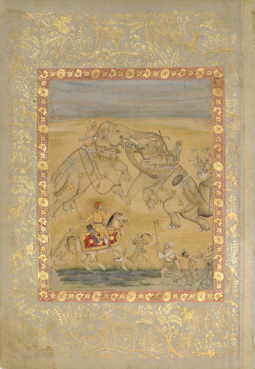 हाथी की लड़ाई देखते हुए जहाँगीर, सीए। 1605. द्वारा फारुख चेला