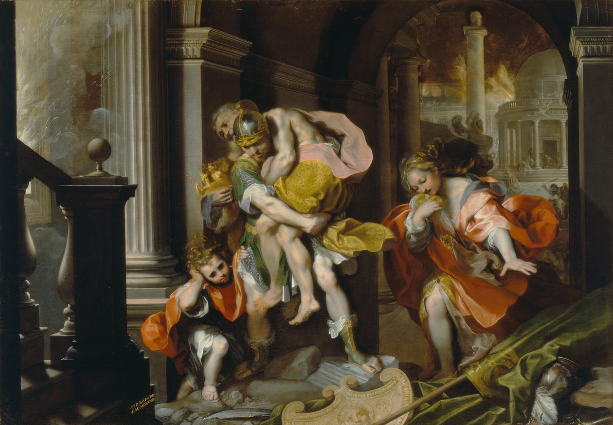 Aeneas और Anchises ट्रॉय से बच, c.1587 (कलम और स्याही और सफेद ऊंचाई के साथ तेल) द्वारा फेडेरिको फियोरी बरोची या बरोकियो