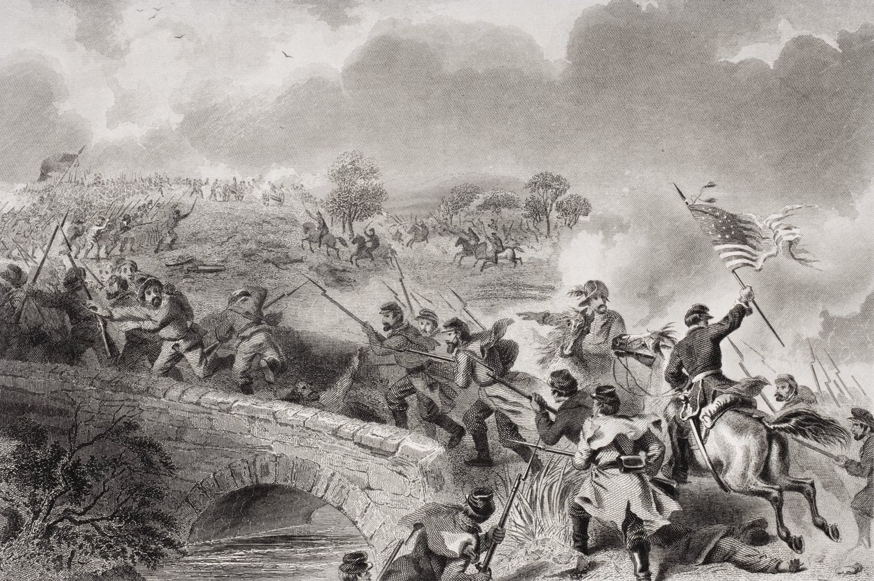 1862 में मैरीलैंड के एंटिएटम के युद्ध में एंटिएटम क्रीक पर पुल का ले जाना द्वारा फेलिक्स ऑक्टेवियस कार डारले
