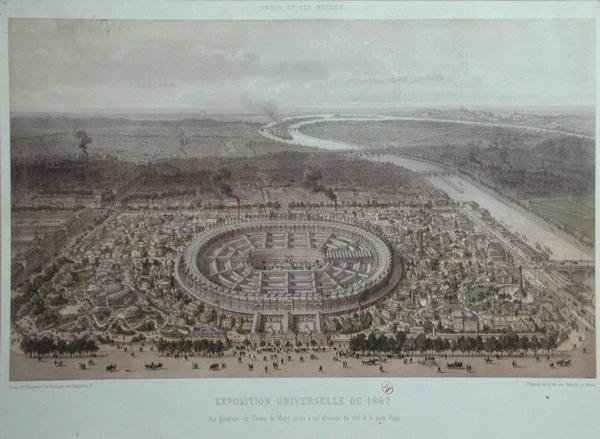 1867 में पेरिस में यूनिवर्सल प्रदर्शनी का सामान्य दृश्य, रैप गेट (रंग लिथो) से लिया गया द्वारा फेलिक्स बेनोइस्ट