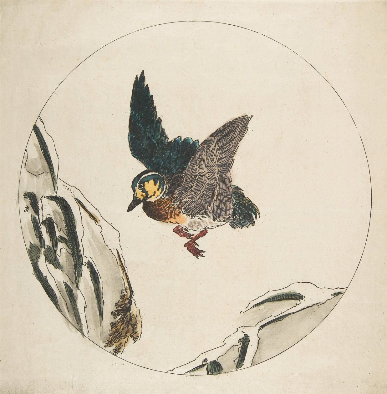एक प्लेट के लिए सजावट: बर्फ से ढकी शाखाओं पर उड़ने वाली एक बत्तख, 1850-1914। द्वारा फेलिक्स ब्रैकक्मोंड