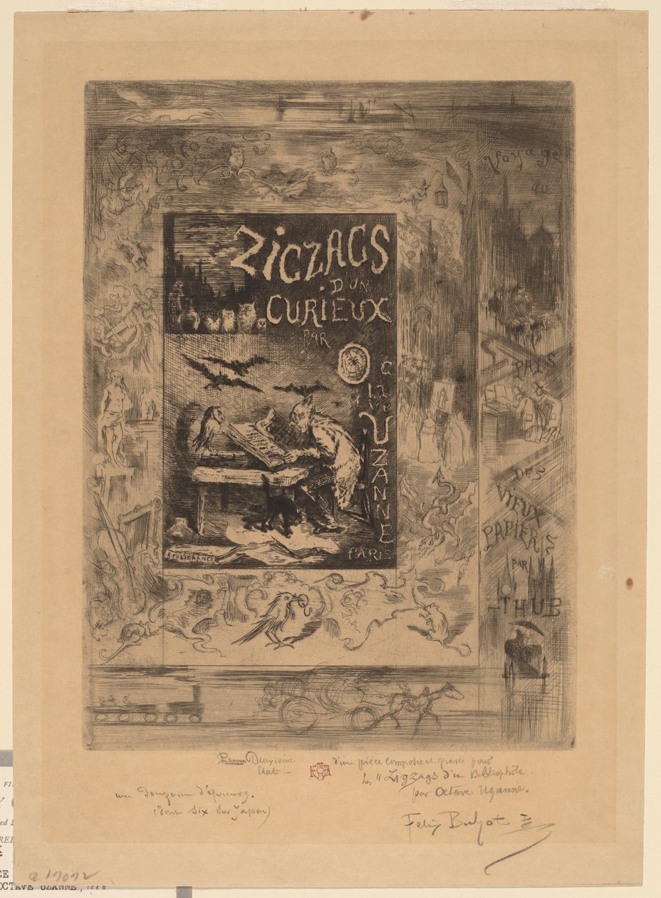 ऑक्टेव उज़ैन, 1888 द्वारा ज़िगज़ैग डी'उन क्यूरीक्स के लिए फ्रंटिसपीस। द्वारा फेलिक्स हिलैरे बुहोट