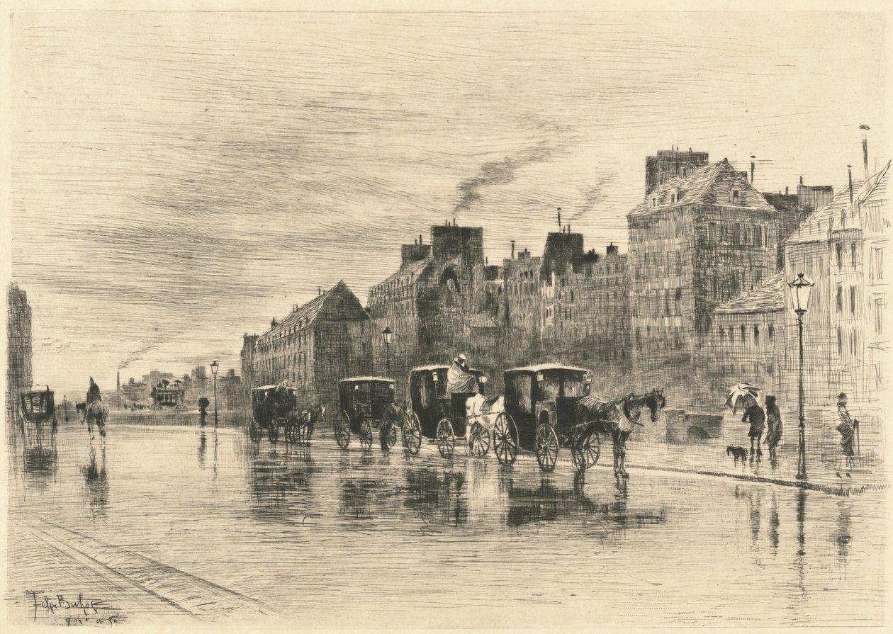 1876 में क्वा डे ल'होटल-डियू पर शीतकालीन सुबह। द्वारा फेलिक्स हिलैरे बुहोट