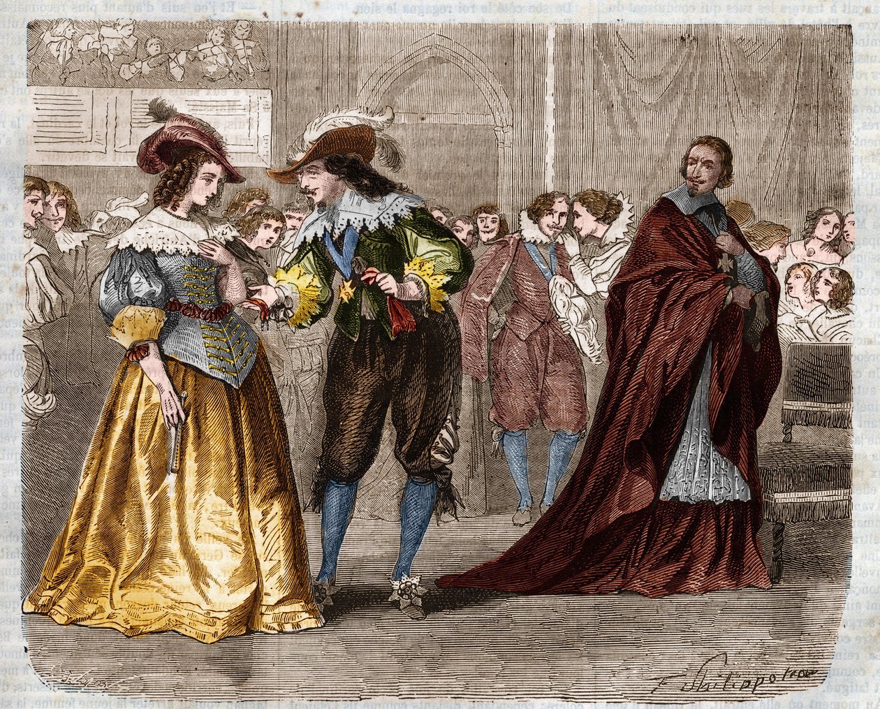 रोमन धारावाहिक: अलेक्जेंड्रे डुमास (1802-1870) द्वारा "द थ्री मस्किटर्स"। राजा लुई तेरहवें (१६०१-१६४३) ने अपनी पत्नी, ऑस्ट्रिया की रानी ऐनी (१६०१-१६६६) को कार्डिनल रिशेल्यू (१५८५-१६४२) की नजर में हीरे के दो फेरेट्स सौंपे। अध्याय X . का चित्रण द्वारा फेलिक्स फिलिपोटेक्स