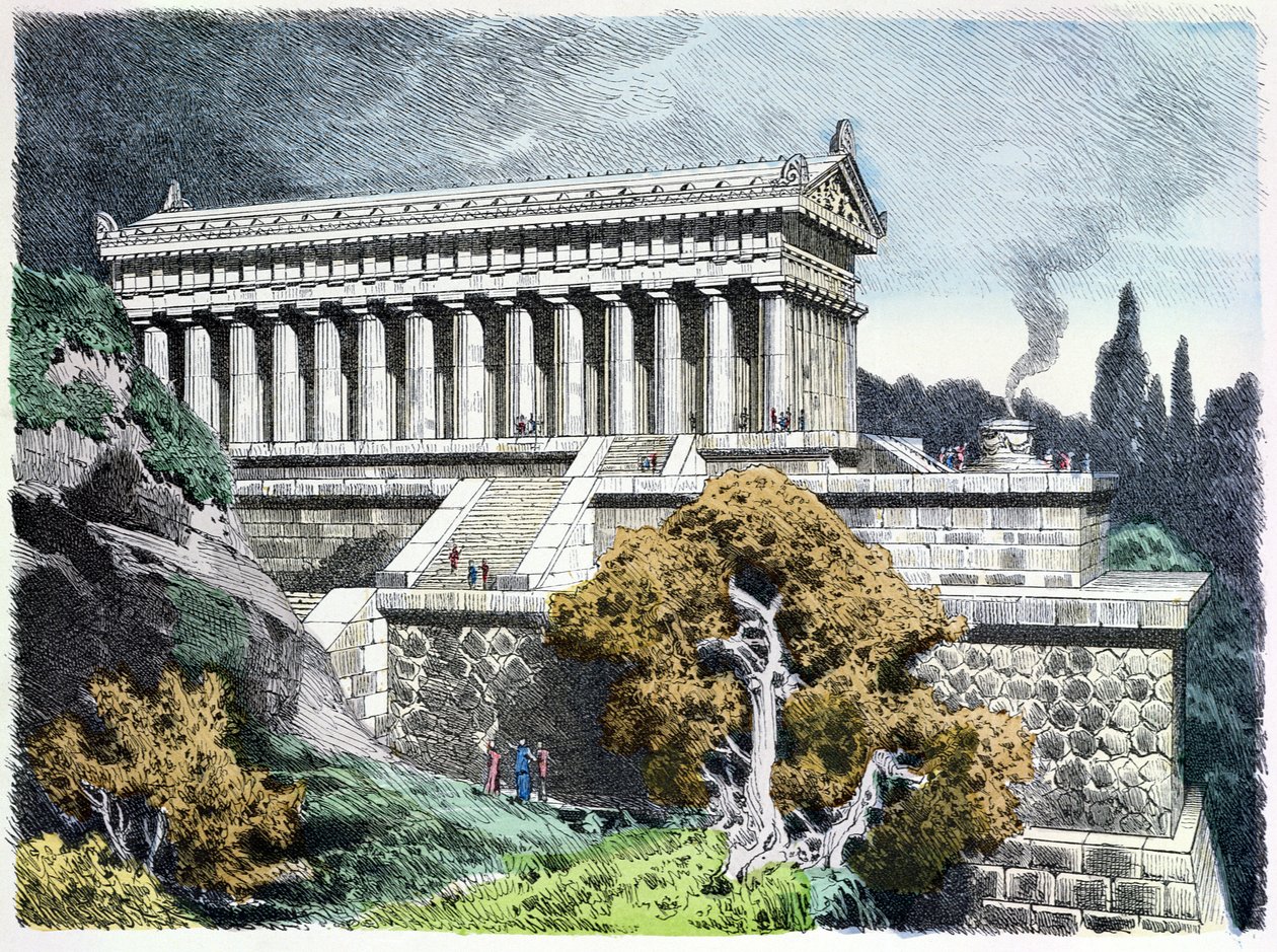 एफेनेसस में डायना का मंदिर &39;मुइनचेंर बिलडरबोजेन&39;, 1886 में प्रकाशित &39;सेवेन वंडर्स ऑफ द एंशिएंट वर्ल्ड&39; की एक श्रृंखला से (रंग उत्कीर्णन) द्वारा फर्डिनेंड नब