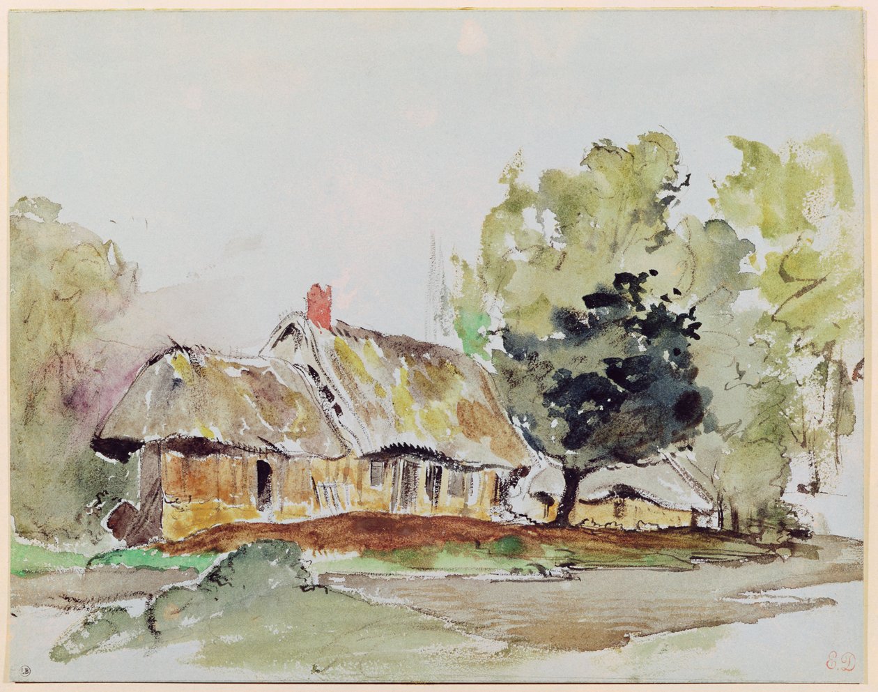 गर्मियों में बड़े पेड़ों के नीचे कॉटेज, c.1831 (कागज पर पेंसिल und wc) द्वारा फर्डिनेंड विक्टर यूजीन डेलाक्रोइक्स