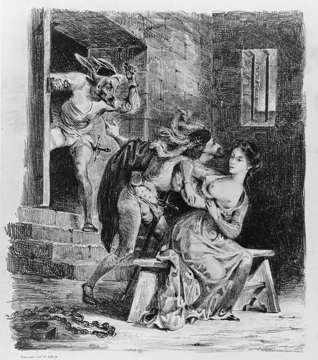 फ़ॉस्ट ने गोएथ्स फ़ॉस्ट, 1828, (चित्रण), (लिथो की bw फोटो) से मार्गुगेट को उसके जेल से छुड़ाया द्वारा फर्डिनेंड विक्टर यूजीन डेलाक्रोइक्स