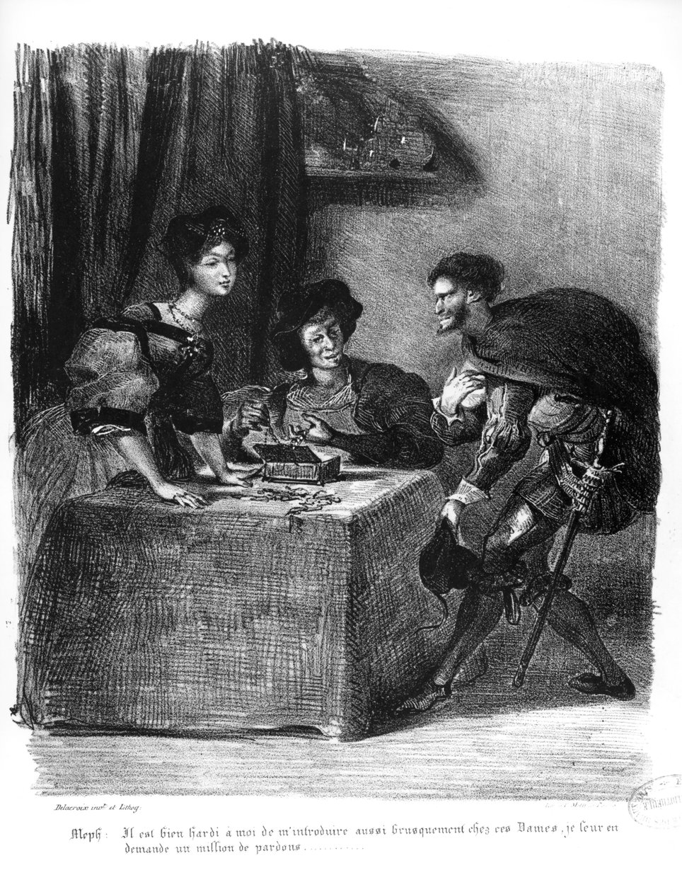 गोएथ्स फॉस्ट, 1828, (चित्रण) से मेफिस्टोफेल्स, मार्था और मार्गुराइट, (लिथोग्राफ की बीडब्ल्यू तस्वीर) द्वारा फर्डिनेंड विक्टर यूजीन डेलाक्रोइक्स