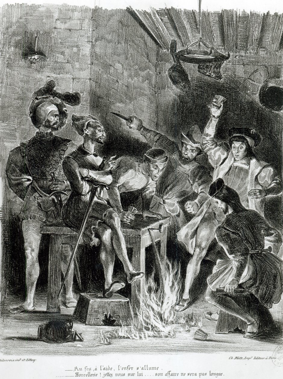 गोएथ्स फस्ट, 1828, (चित्रण) से मेफिस्टोफेल्स और ड्रिंकिंग कम्पेनियन, (लिथोग्राफ की bw फोटो) द्वारा फर्डिनेंड विक्टर यूजीन डेलाक्रोइक्स