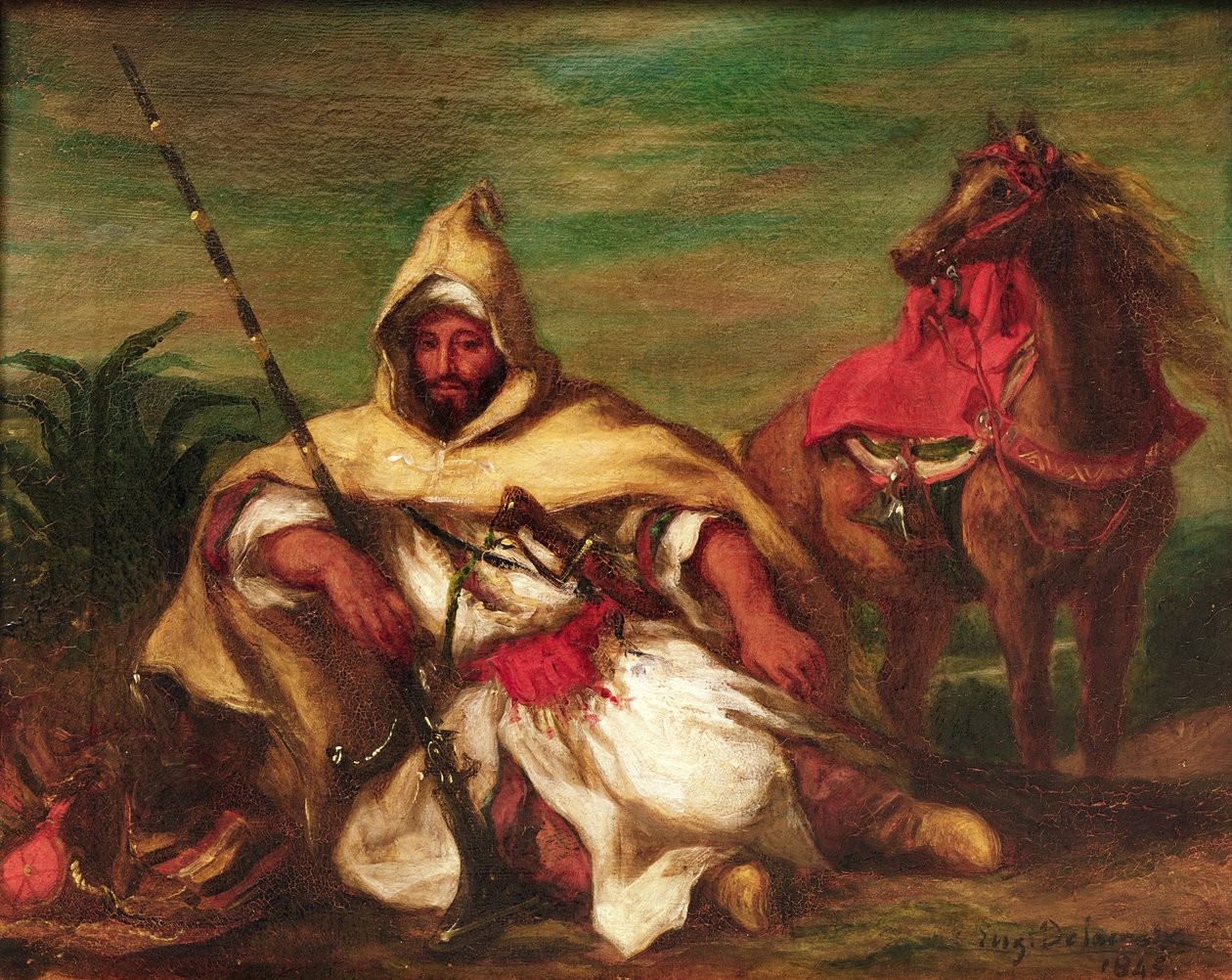 मोरक्को के सैनिक अपने घोड़े के पास बैठे, 1845 द्वारा फर्डिनेंड विक्टर यूजीन डेलाक्रोइक्स