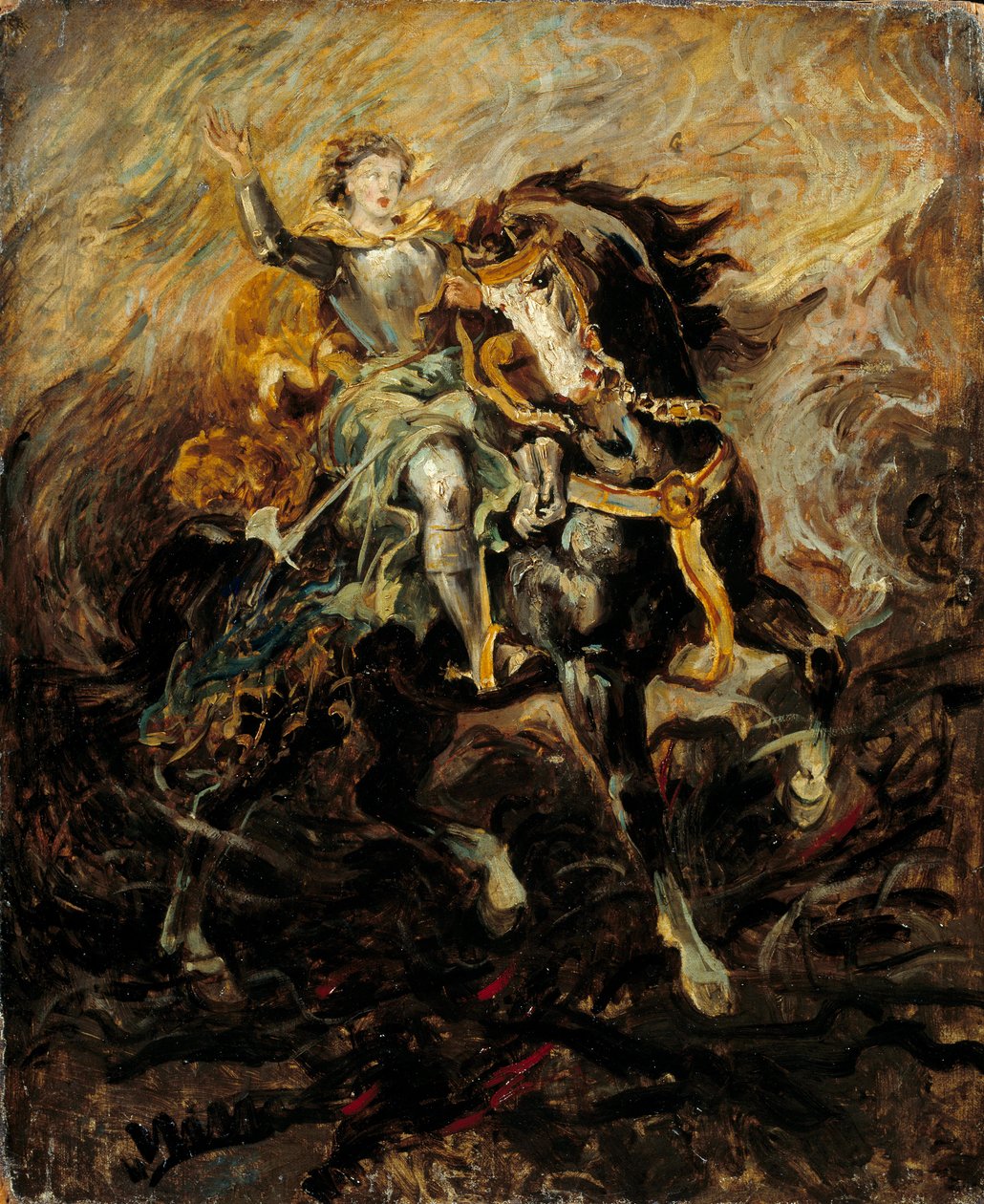 क्लोरिंडे ओलिंडे और सोफ्रोनिया को बचाने के लिए हस्तक्षेप कर रहे हैं टोरक्वेटो टैसो के "ला जेरूसलम डेलिव्री" (ला गेरुसालेममे लिबर्टा) के एक दृश्य का चित्रण। यूजीन डेलाक्रोइक्स (1798-1863) द्वारा 19वीं सदी के सूर्य की पेंटिंग। 0,61x0,5 वर्ग मीटर द्वारा फर्डिनेंड विक्टर यूजीन डेलाक्रोइक्स