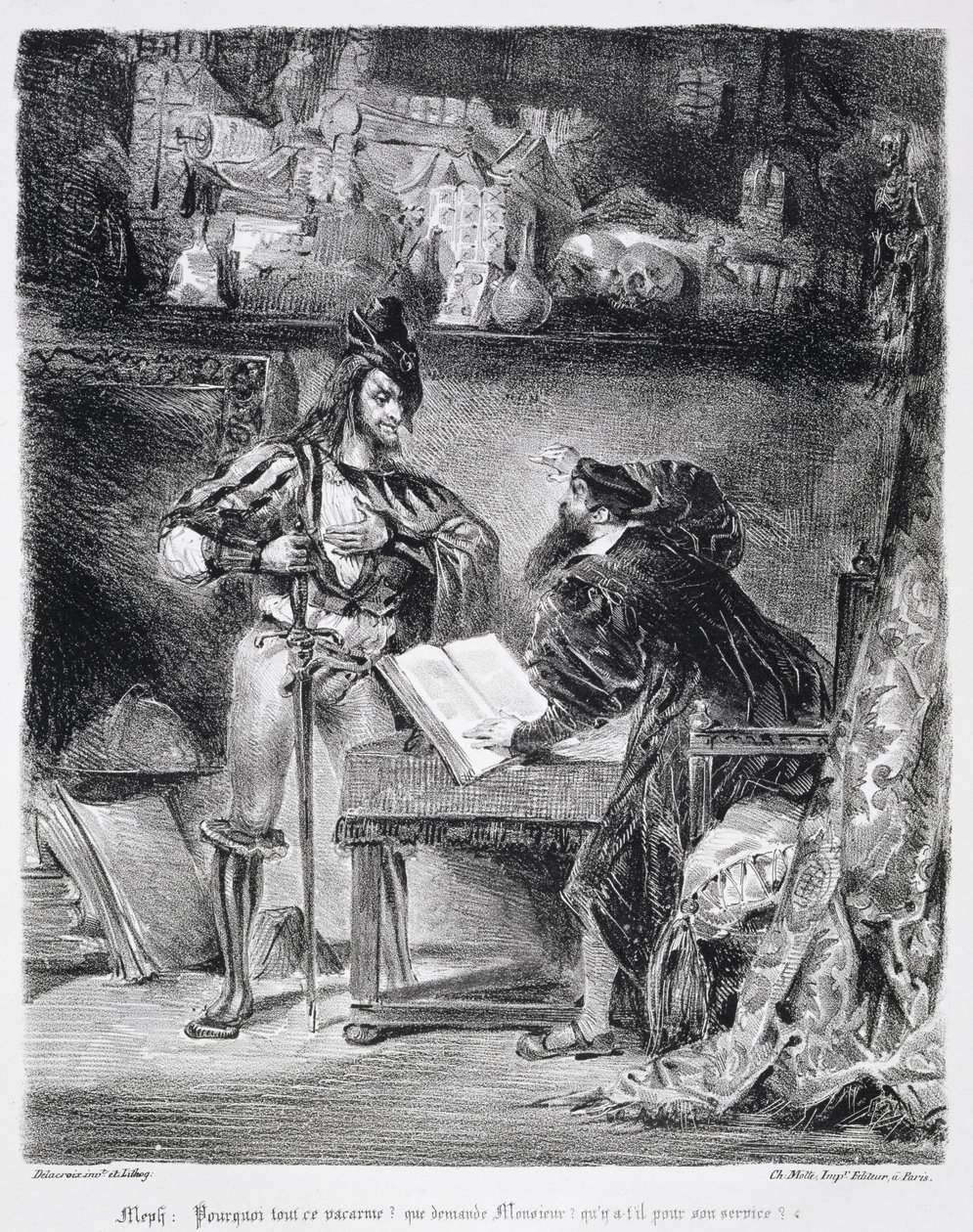 गोएथ्स फस्ट, 1828, (चित्रण) (लिथोग्राफ की bw फोटो) से फस्ट और मेफिस्टोफेल के बीच पहली मुलाकात: द्वारा फर्डिनेंड विक्टर यूजीन डेलाक्रोइक्स