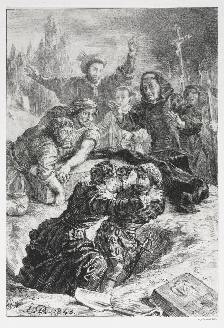 हेमलेट: ओफेलिया की कब्र में हेमलेट और लैर्टेस, 1843। द्वारा फर्डिनेंड विक्टर यूजीन डेलाक्रोइक्स