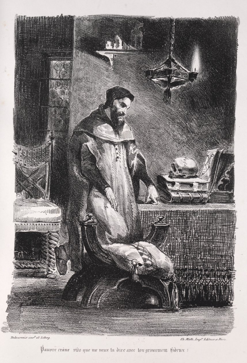 फ़ॉस्ट के लिए चित्र: उनके ड्रेसिंग-रूम में आघात, 1828। द्वारा फर्डिनेंड विक्टर यूजीन डेलाक्रोइक्स