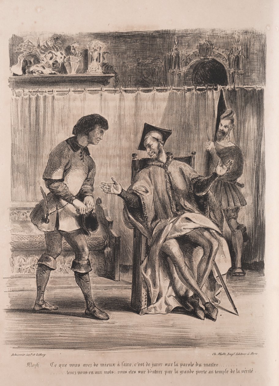 फ़ॉस्ट के लिए चित्र: मेफ़िस्टोफ़ेले स्कूली स्कूल प्राप्त करता है, 1828। द्वारा फर्डिनेंड विक्टर यूजीन डेलाक्रोइक्स