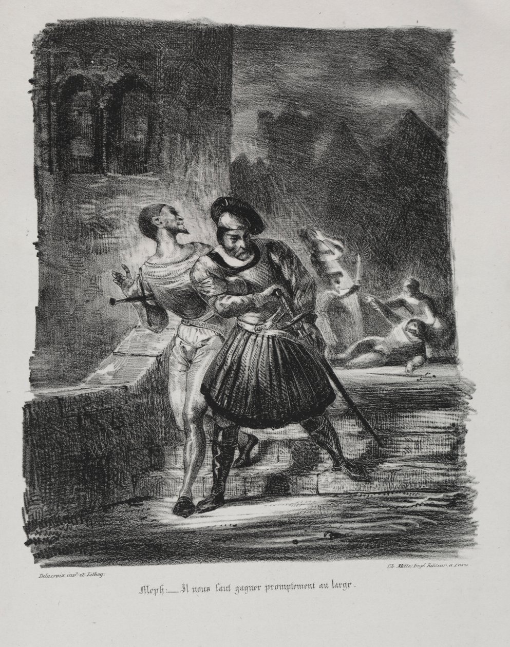 Faust के लिए चित्र: Méphistophélés और Faust द्वंद्वयुद्ध, 1828 के बाद पलायन करते हैं। द्वारा फर्डिनेंड विक्टर यूजीन डेलाक्रोइक्स