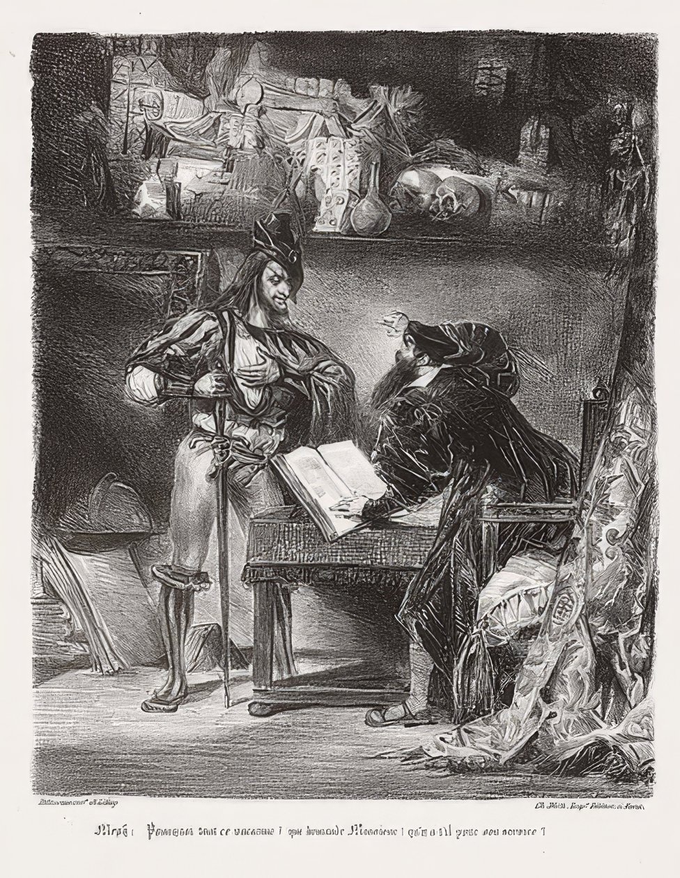Méphistophélès apparaîssant à Faust (Mephisto Faust दिखाई देता है)। 1828 द्वारा फर्डिनेंड विक्टर यूजीन डेलाक्रोइक्स