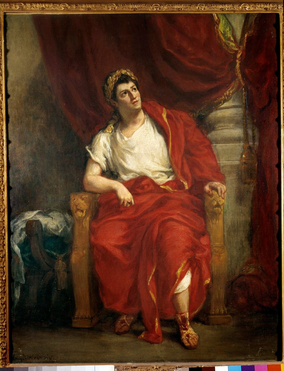 कॉमेडियन फ्रेंकोइस-जोसेफ (फ्रेंकोइस जोसेफ) तल्मा (1763-1826) का पोर्ट्रेट ब्रिटानिकस के टुकड़े में नीरो की व्याख्या """ जीन रैसीन द्वारा "" यूजीन डेलाक्रोइक्स द्वारा पेंटिंग (1798-1863) 1853 डिम। 0,92 x 0,73 मीटर पेरिस, फ्रेंच कॉमे द्वारा फर्डिनेंड विक्टर यूजीन डेलाक्रोइक्स
