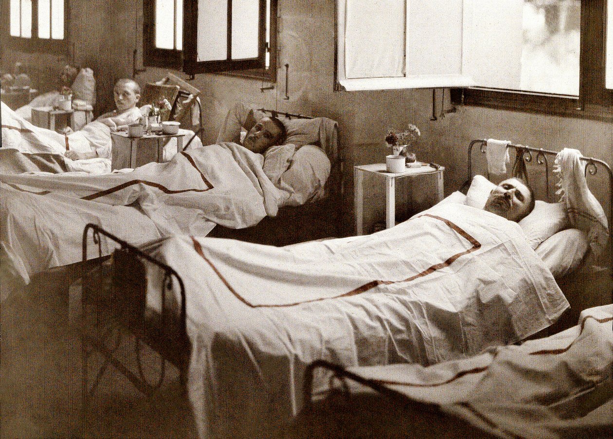 प्रथम विश्व युद्ध, सोइसन्स, आइज़ेन, फ्रांस, 1917 के दौरान सेंट-पॉल अस्पताल में लाफौक्स के पास युद्ध के मैदान से घायल सैनिक द्वारा फर्नांड क्विल