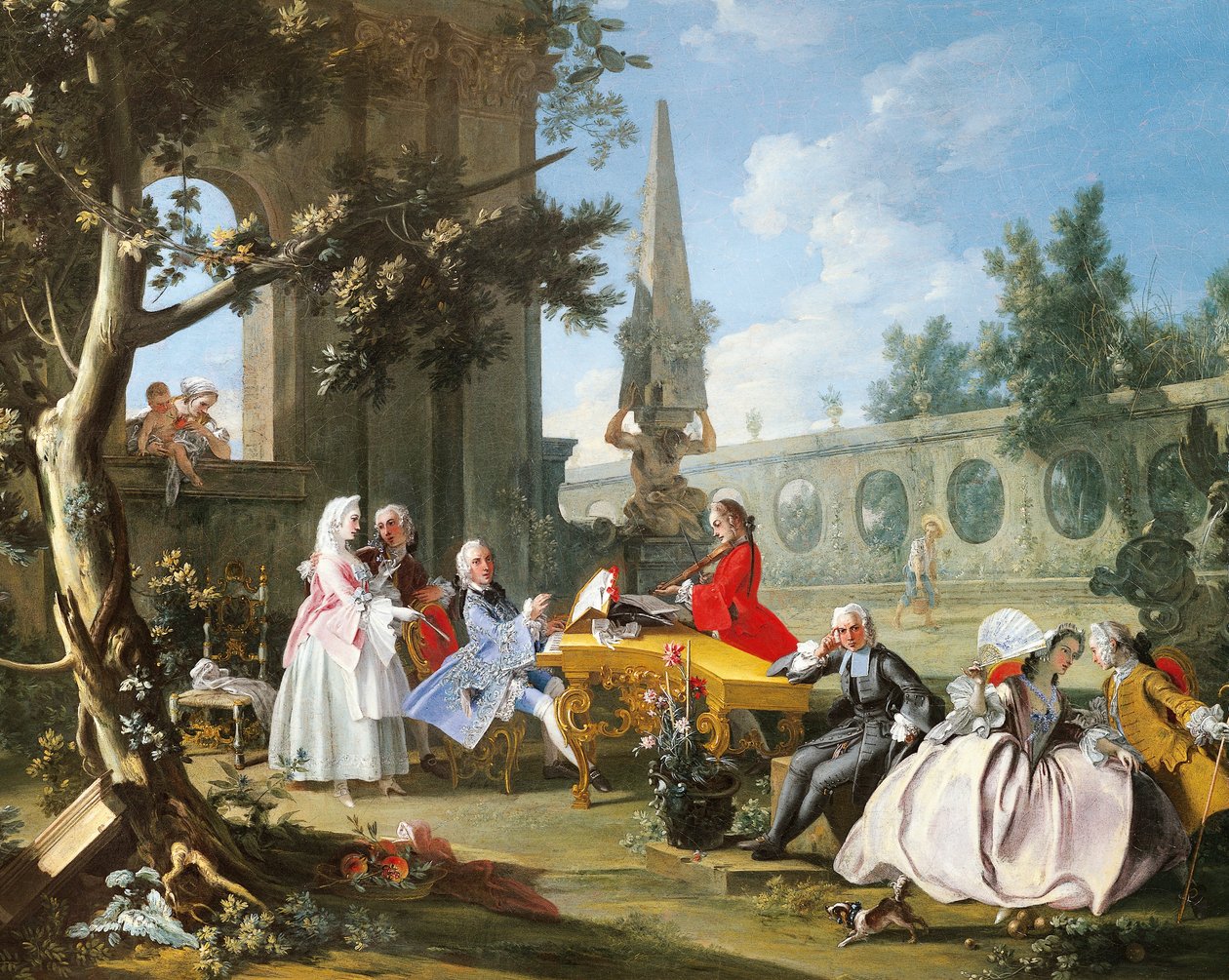 Filippo Falciatore द्वारा बगीचे में संगीत कार्यक्रम (सक्रिय 1737-1768), कैनवास पर तेल, 75.8 x102 सेमी, विवरण, इटली, लगभग 1750 द्वारा फिलीपो फालिसटोर