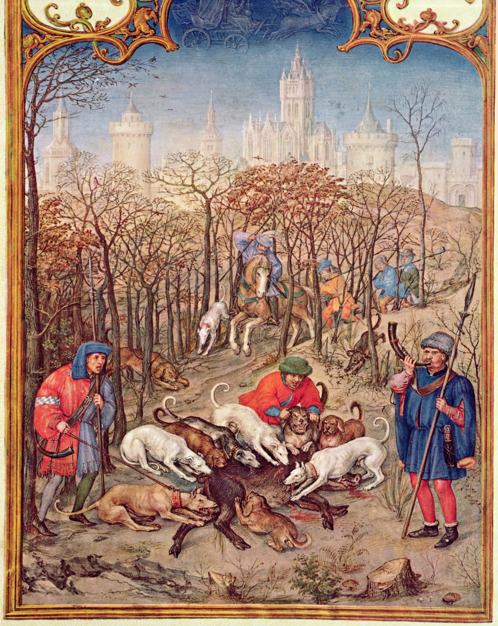 Fol.12v दिसंबर का महीना: ब्रेवीयर ग्रिमनी से शिकार जंगली सूअर, c.1515 द्वारा फ्लेमिश स्कूल