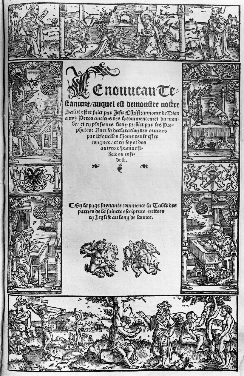 1531 में एंटवर्प में प्रकाशित जैक्स लेफेवेरे डीएटापल्स (1450 -1537) द्वारा एक फ्रांसीसी अनुवाद का नया नियम शीर्षक द्वारा फ्लेमिश स्कूल