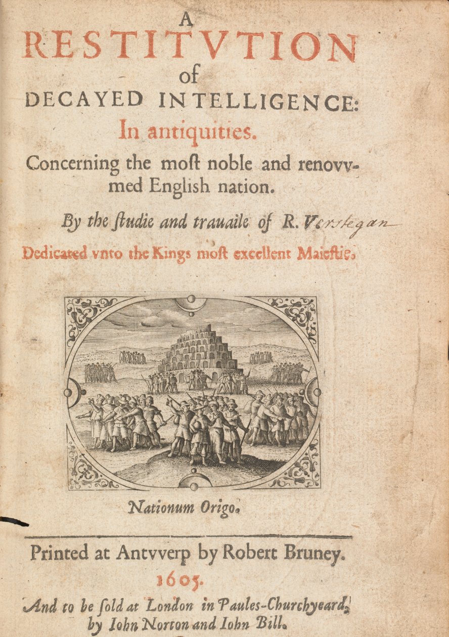 रिचर्ड वर्स्टीगाम, एंटवर्प, 1605 द्वारा डिकॉयड इंटेलिजेंस की बहाली का शीर्षक पृष्ठ द्वारा फ्लेमिश स्कूल