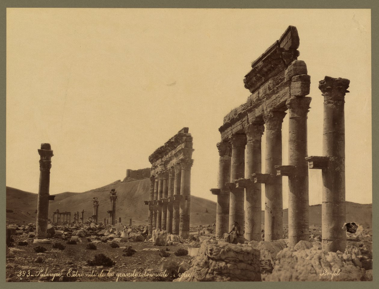 ग्रेट कोलोनेड का हिस्सा, कलात इब्न मान कैसल दूरी में, पलमायरा, c.1875 (एल्बम प्रिंट) द्वारा फेलिक्स बोनफिल्स