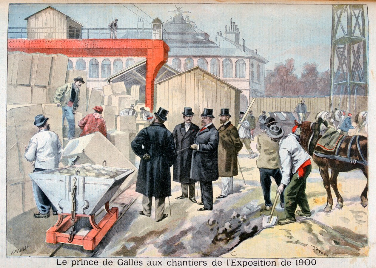 वेल्स के राजकुमार 1900, पेरिस, 1898 के प्रदर्शनी विश्वविद्यालय के लिए निर्माण स्थलों का दौरा करते हैं द्वारा Fortuné Méaulle