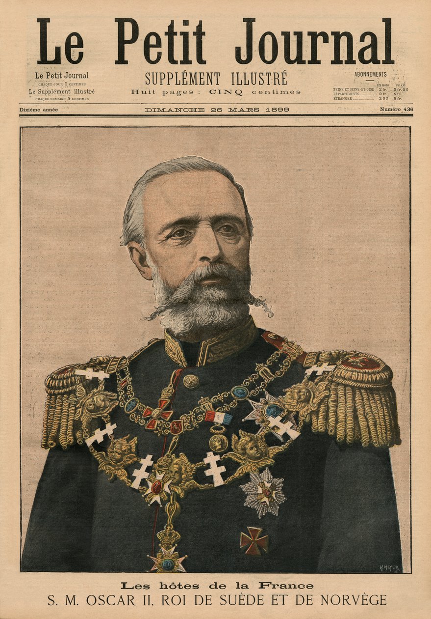 फ्रांसीसी मेजबानों: महामहिम ऑस्कर द्वितीय, स्वीडन और नॉर्वे के राजा, &39;ले पेटिट जर्नल&39; के सामने का चित्रण, पूरक चित्रण, 26 मार्च 1899 (कपूर लिथो) द्वारा फॉर्च्यून लुई मेयुले और हेनरी मेयर