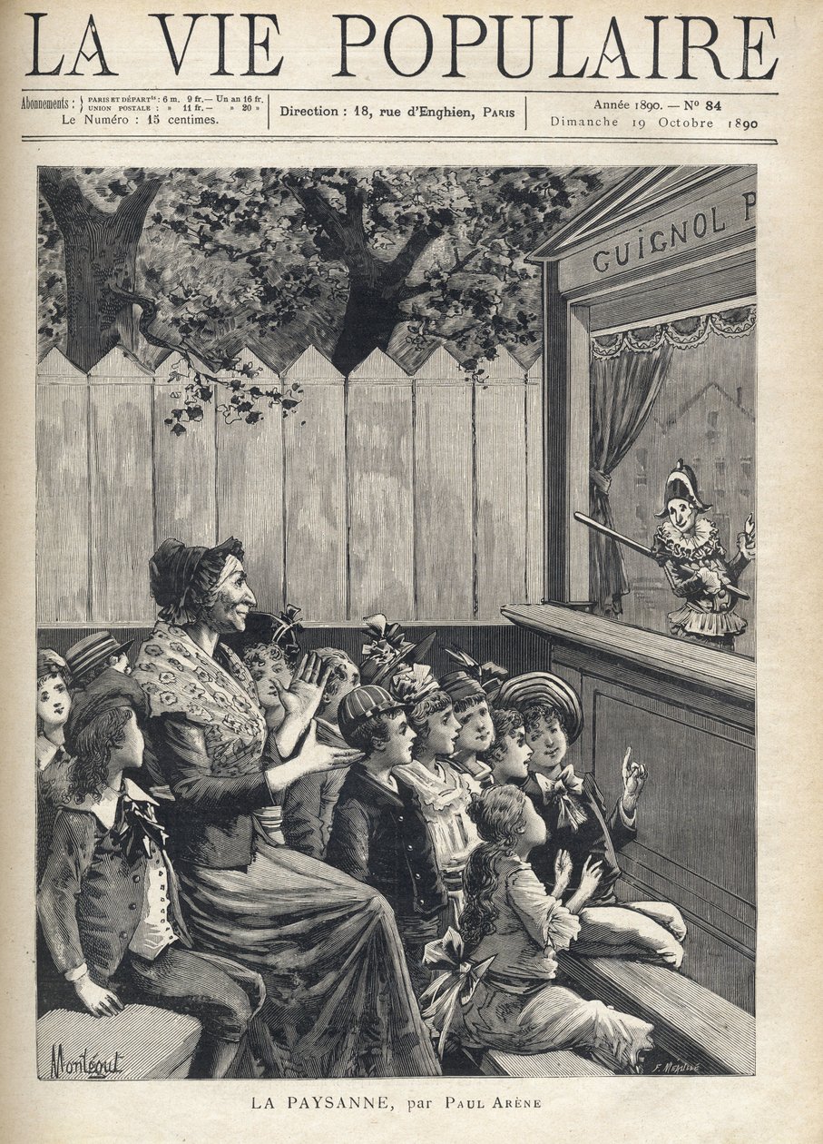बच्चों के समूह के बीच में एक महिला कठपुतली शो (गुइग्नोल) की सराहना करती है। पॉल एरेन (1843-1896) द्वारा "द किसान" के लिए मोंटेगट द्वारा फॉर्च्यून मेउल का चित्रण। "ला वी पॉपुलर" में उत्कीर्णन द्वारा फॉर्च्यून लुई मेउल
