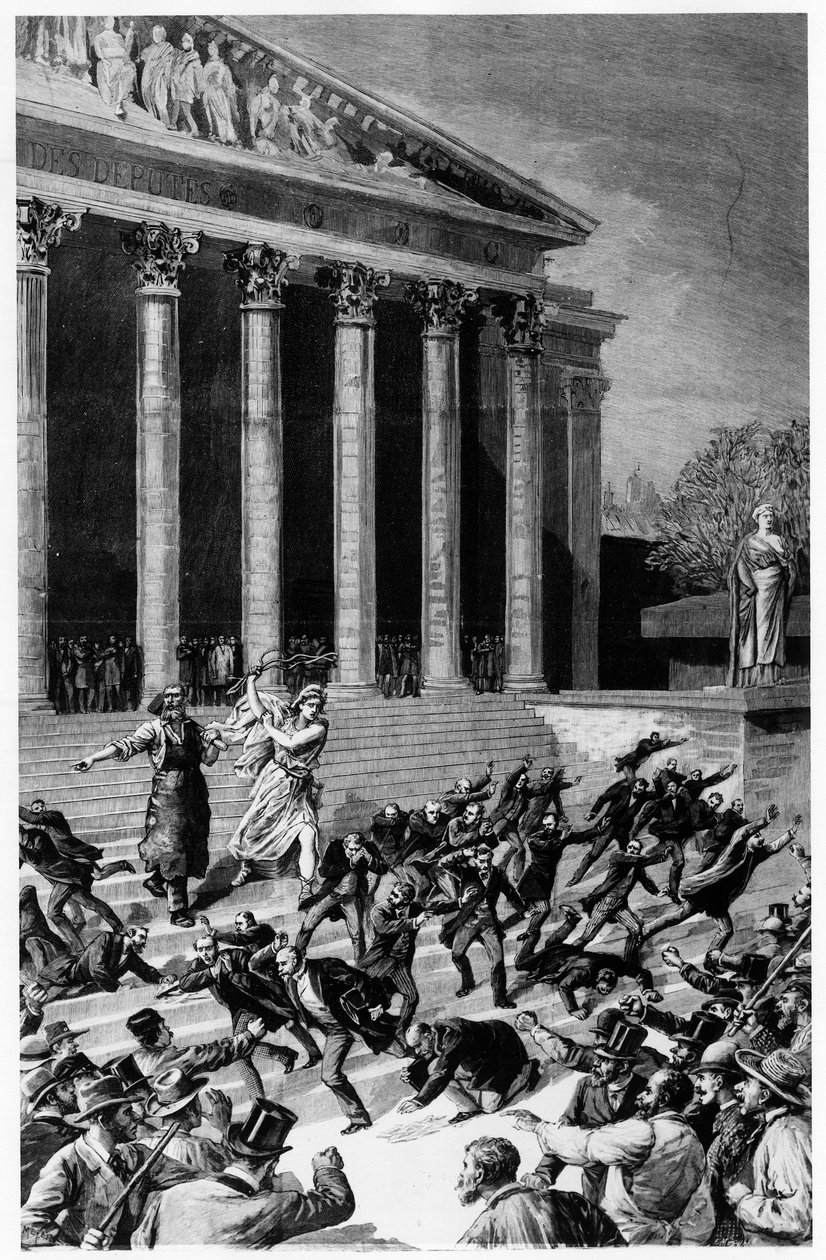 मंदिर से व्यापारियों का पीछा करते हुए सार्वभौमिक मताधिकार और गणतंत्र - 25/12/1892 के "" ले जर्नल चित्रण"" में, हेनरी मेयर द्वारा रचना, मेउल द्वारा उत्कीर्ण। द्वारा फॉर्च्यून लुई मेउल