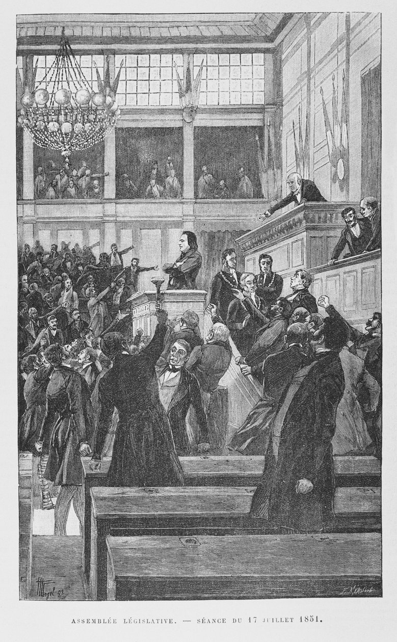 17 जुलाई 1851 को संविधान संशोधन पर भाषण देते हुए विधान सभा में विक्टर ह्यूगो (1802-85), सी। 1885 द्वारा फॉर्च्यून लुई मेउल