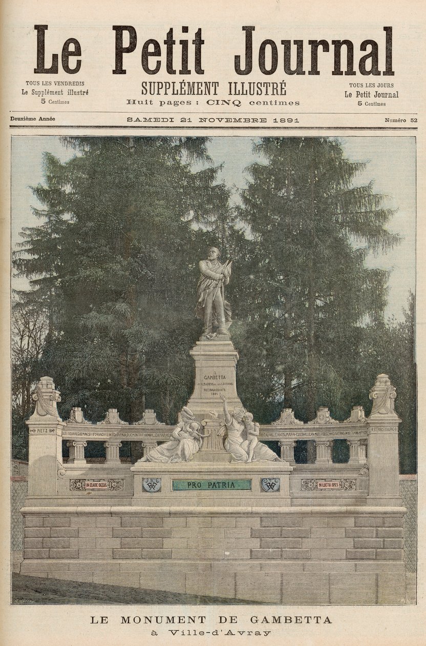 21 नवंबर 1891 को &39;ले पेटिट जर्नल&39; से विले-डी-ऐरे में गैम्बेटा का स्मारक द्वारा फॉर्च्यून लुई मेयुले और हेनरी मेयर