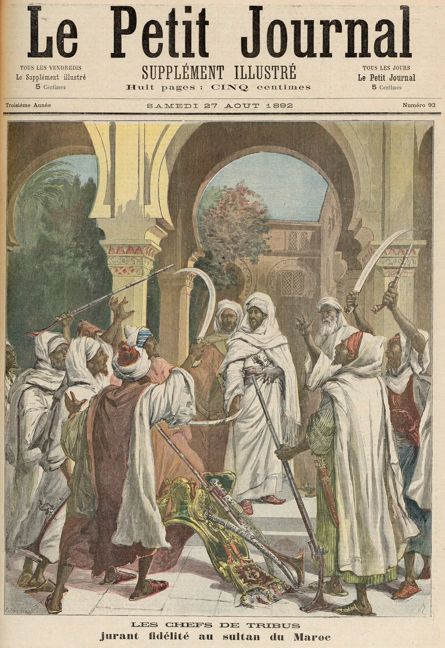 &39;ले पेटिट जर्नल&39;, 27 अगस्त, 1892 से मोरक्को के सुल्तान के प्रति निष्ठा के लिए जनजातीय प्रमुख द्वारा फॉर्च्यून लुई मेयुले और हेनरी मेयर