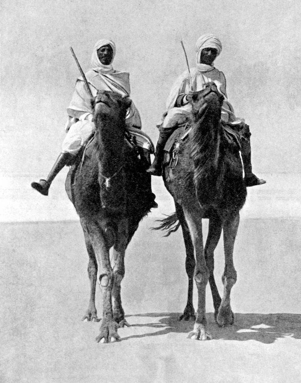अफ्रीका के सहारा रेगिस्तान में दो अरब लोग ऊंट की सवारी करते हैं, 1936। द्वारा फॉक्स तस्वीरें