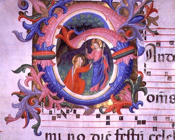 Ms 558 f.64v ऐतिहासिक आरंभिक 'G' जिसमें नोली मी टंगेरे को दर्शाया गया है, एक मिसाल से विवरण, 1430 के दशक की शुरुआत में (वेल्लम) द्वारा फ्रा (सी.1387-1455) एंजेलिको