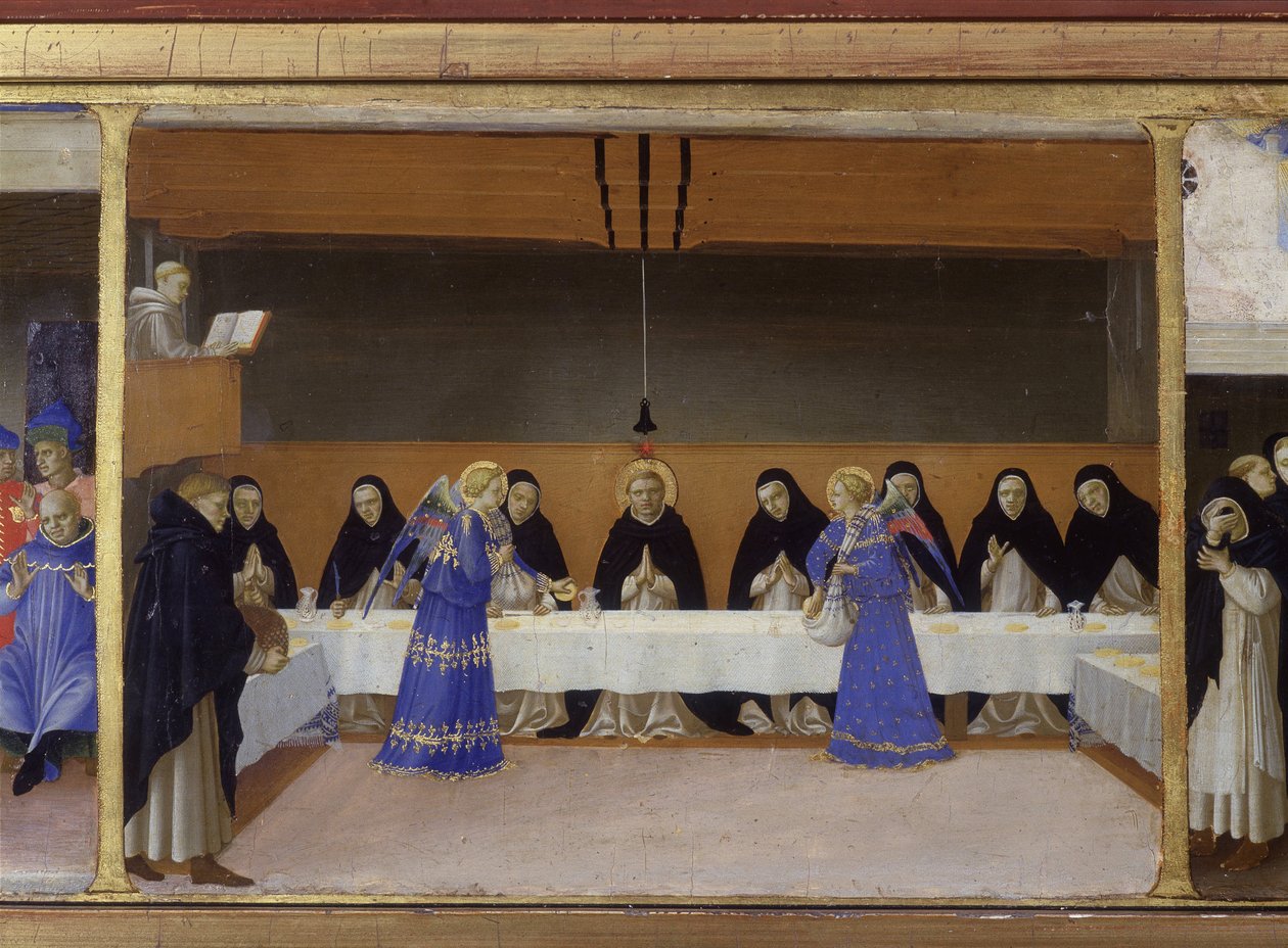 एन्जिल्स द्वारा परोसा गया भिक्षुओं का भोजन - "कोरोनेशन ऑफ द वर्जिन" का निचला हिस्सा (प्रीडेला) कब्र पर मसीह का चित्रण करता है और सेंट डोमिनिका के जीवन के छह एपिसोड, जिस क्रम में एंजेलिकोड गुइडो से संबंधित था, के संस्थापक डि पिएत्रो ( द्वारा फ्रा एंजेलिको
