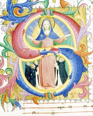 मिसाल 558 f.156v ऐतिहासिक आरंभिक 'एस' जिसमें वर्जिन को उसके लबादे के नीचे आश्रय देने वालों को दर्शाया गया है, c.1429-30 (वेल्लम) द्वारा फ्रा और स्ट्रोज़ी ज़ानोबी डि बेनेडेटो एंजेलिको