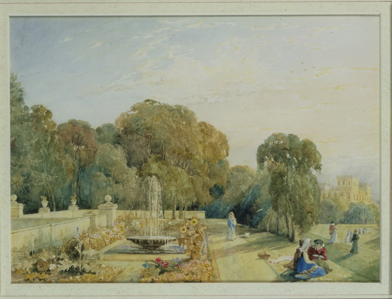 चैटस्वर्थ, डर्बीशायर के बागों का दृश्य, c.1820 (85760 की जोड़ी) द्वारा फ्रांसिस एलिजाबेथ स्विनबर्न