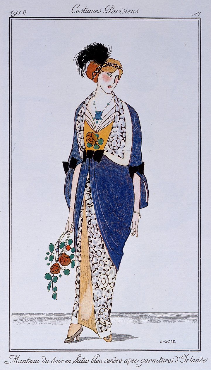 पेरिसियन कॉस्ट्यूम: आयरिश ट्रिम के साथ ऐश ब्लू सैटिन इवनिंग कोट। फ्रांसिस्को जेवियर गोस (1876-1915) द्वारा ड्रा। ईएसपी द्वारा फ्रांसेस्क जेवियर गोसे
