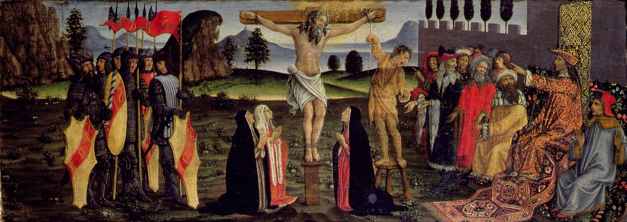 क्रूसीफिकेशन, संस्कारों के सारणी से प्रेडेला पैनल, c.1484-6 (पैनल पर तापमान) (94757 से विस्तार) द्वारा फ्रांसेस्को बोथिकिनी