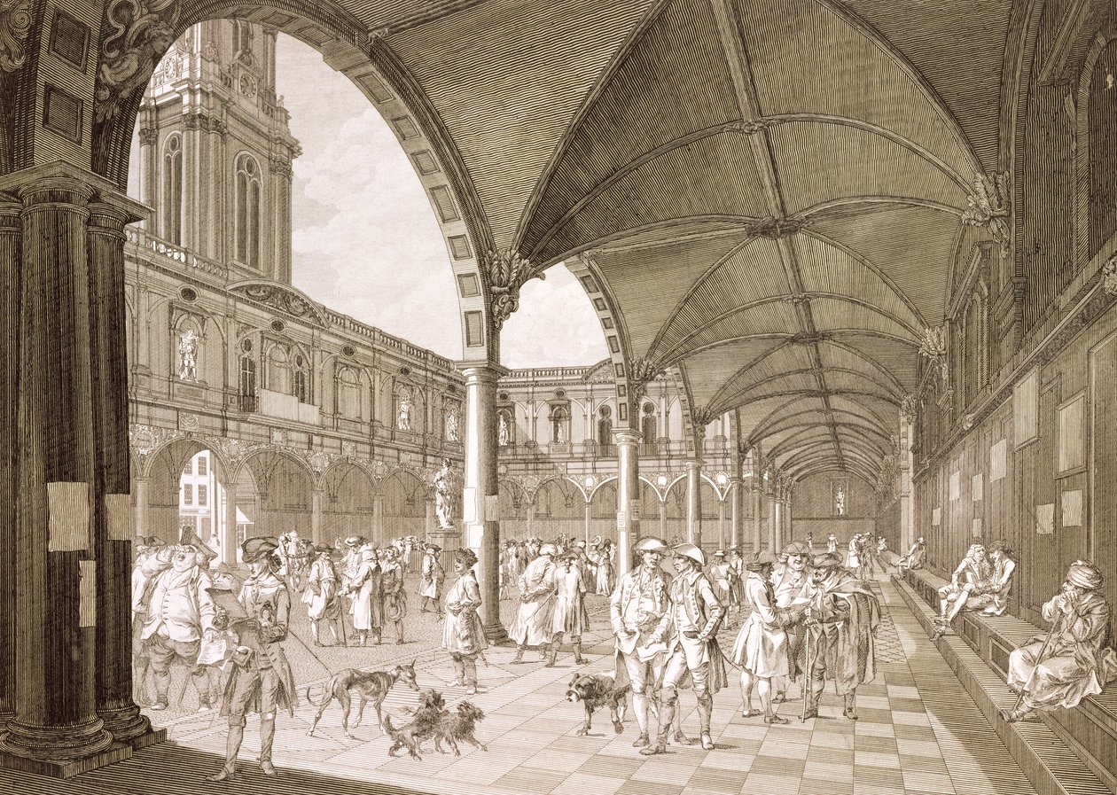 रॉयल एक्सचेंज, लंदन, 1788 का इंटीरियर (तांबा उत्कीर्णन) द्वारा फ्रांसेस्को बार्टोलोजी