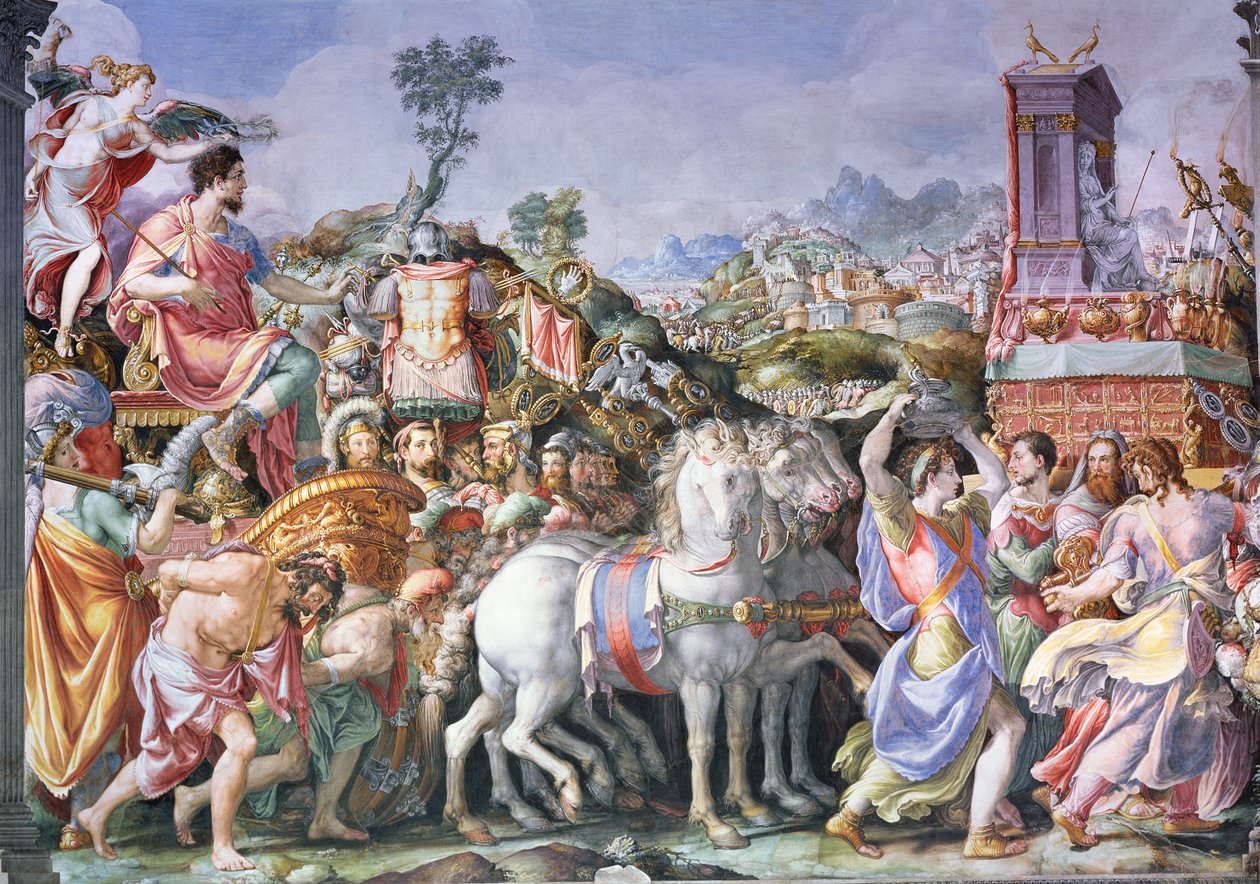 मार्कस फ्यूरियस कैमिलस (447-365 ईसा पूर्व) की विजय, साला dell&39;Udienza, 1545 (बहाली के बाद) से (85158 देखें) द्वारा फ्रांसेस्को डी रॉसी साल्वती सेचिनो