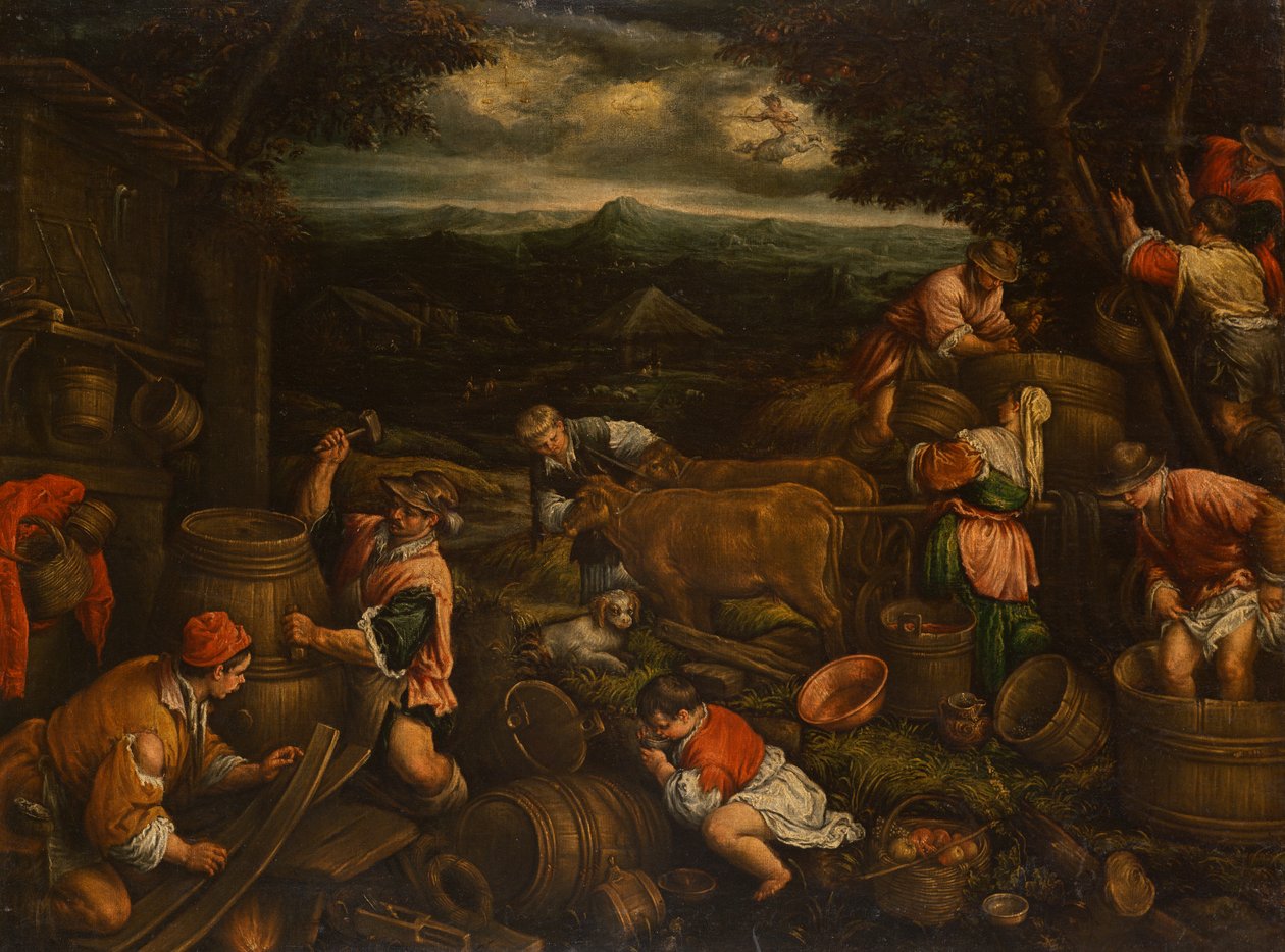 शरद ऋतु हार्वेस्ट (अंगूर-पिकिंग), 1585-90 (विस्तार से 65684 देखें) द्वारा फ्रांसेस्को बासानो