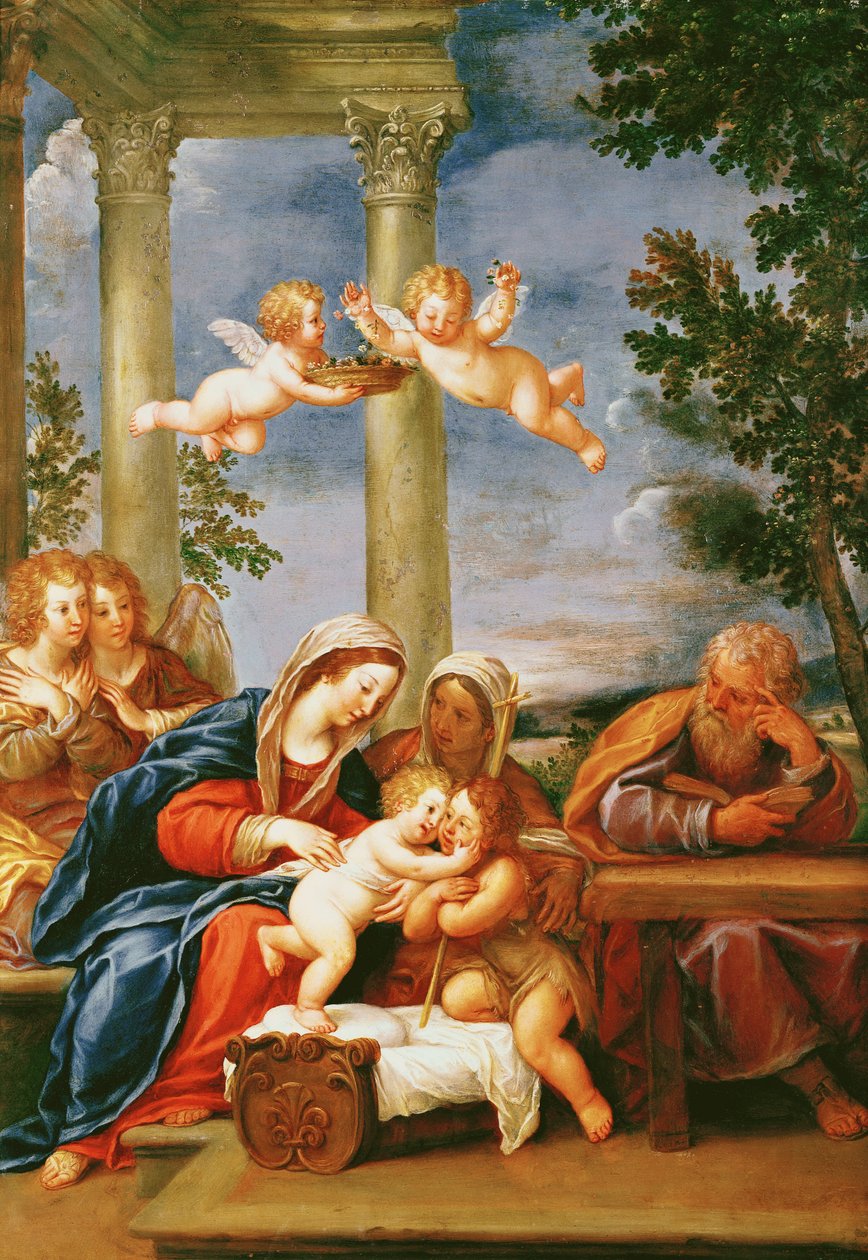 सेंट एलिजाबेथ और सेंट जॉन द बैप्टिस्ट के साथ पवित्र परिवार, c.1645-50 (तांबे पर तेल) द्वारा फ्रांसेस्को अल्बानी